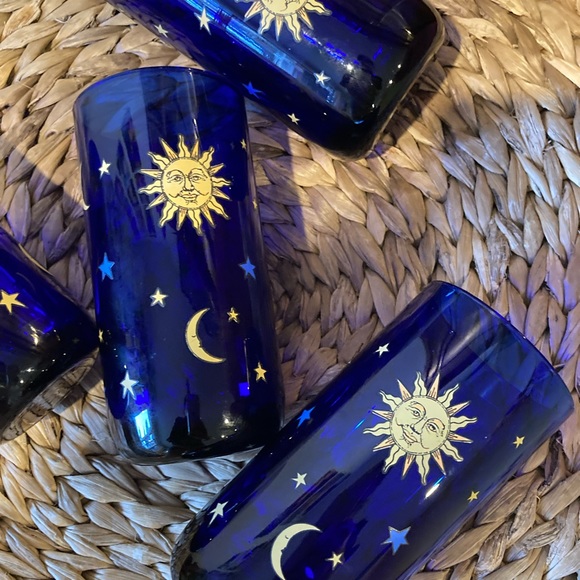 RARE Vintage Libbey Cobalt Blue Celestial Tumblers Sun Moon Stars Glass set of 4 - Picture 7 of 12